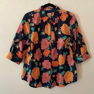 Chico's No-Iron Navy Blue Floral Button Down Shirt Cotton Women size 2 / 12 / 14